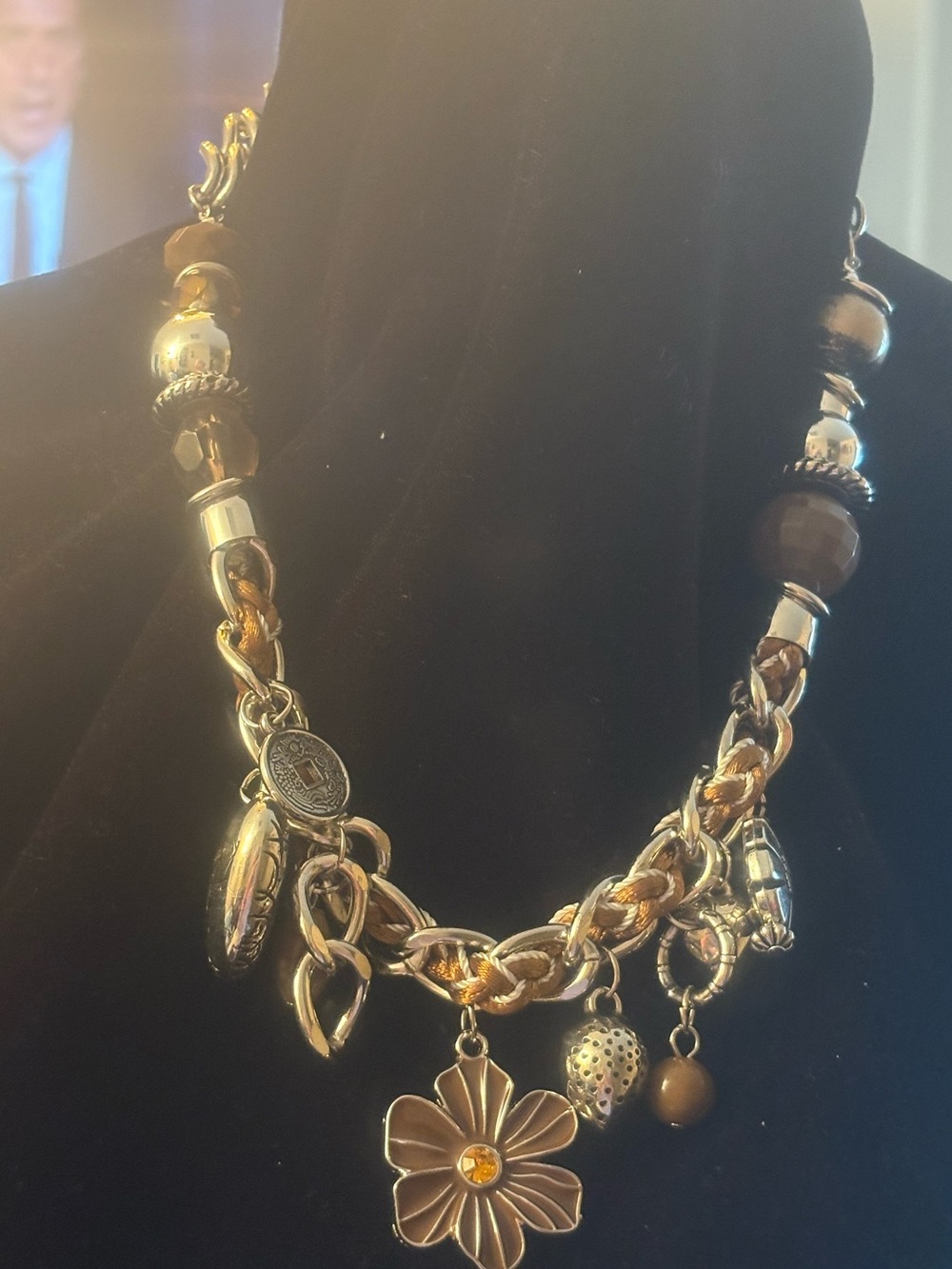 Brown and Gold-Tone Flower Charm Statement Necklace